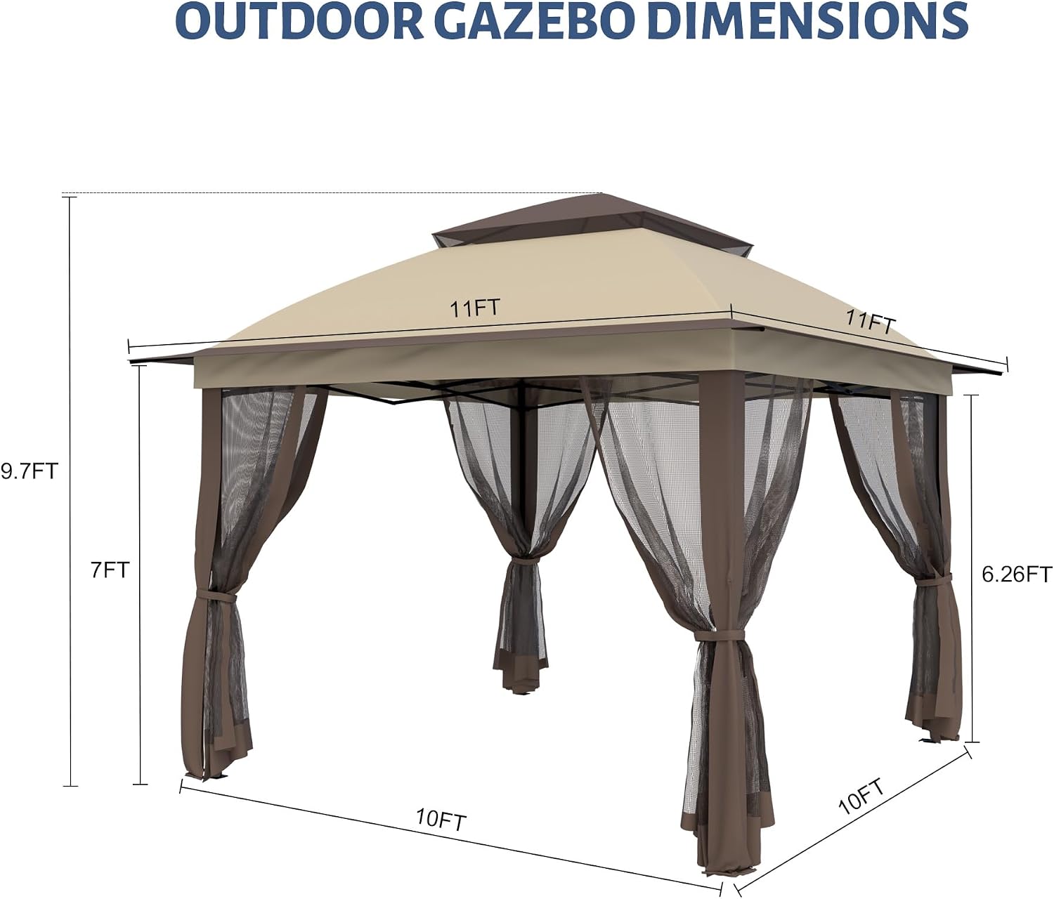 11'X11' Gazebo Pop Up with 4 Sidewalls Mosquito Netting, Heavy Duty Patio Gazebo Canopy Tent with Double Air Roofs for Backyards, Patios, Decks, Gardens, Parks