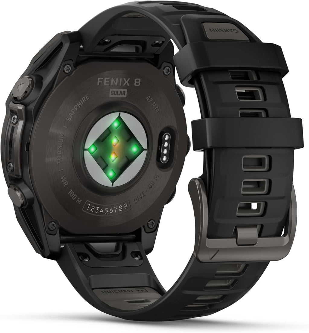 Garmin Fenix 8 47 mm, Multisport GPS Smartwatch, Solar, Sapphire, Carbon Gray DLC Titanium with Black/Pebble Gray Silicone, Built-in LED Flashlight, Voice Control Black Earbuds Bundle