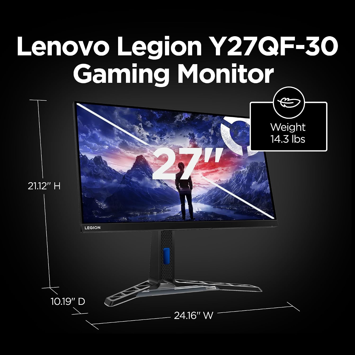 Lenovo Legion Y27qf-30 Gaming Monitor, 27' QHD Display, 250Hz, 0.5ms Response, AMD FreeSync Premium, 400 Nits, Lift/Tilt/Pivot/Swivel Stand, HDMI 2.1 and DisplayPort 1.4, 400 nits, Raven Black