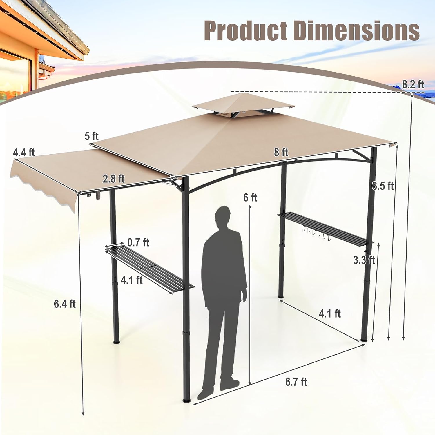 HAPPYGRILL Outdoor Grill Gazebo Canopy 11 x 5 FT, Barbecue Canopy with Double-Tiered Top, 2 Side Shelves, Hanging Hooks, Bottle Opener, Metal Frame, BBQ Grilling Shelter