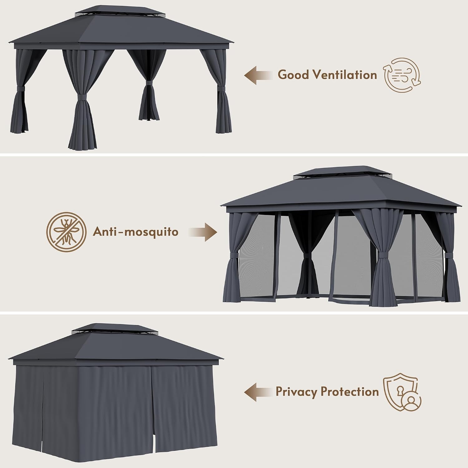 Outdoor Patio Gazebo 10x13, Heavy Duty Metal Frame Canopy Tent Shelter with Double Roof Design, Patio Gazebo with Mosquito Nettings and Privacy Screens for Backyard, Deck, Lawn, Garden