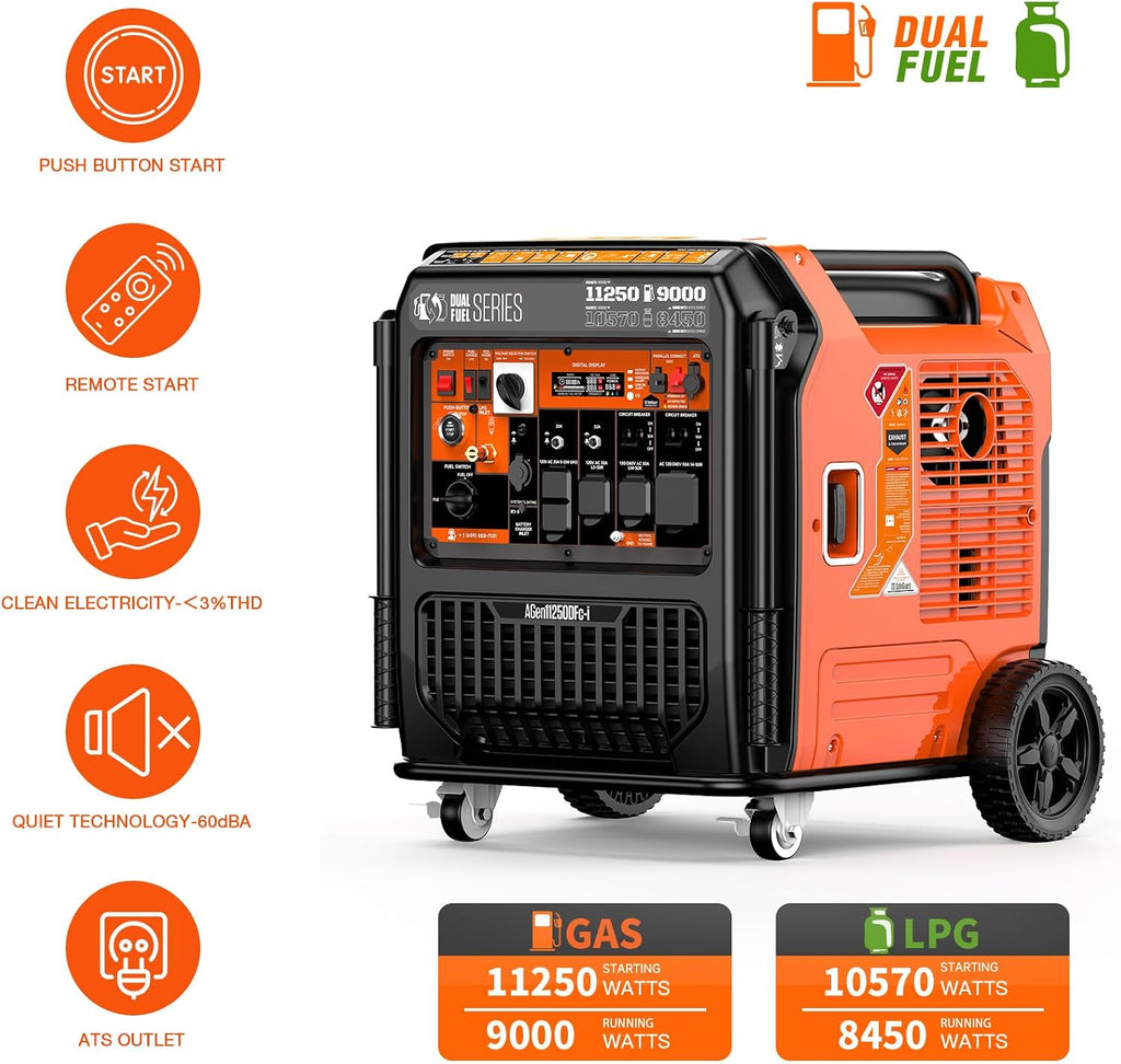 AIVOLT 11250W Dual Fuel Inverter Generator with Remote/Electric/Recoil Start, 50 AMP RV Ready, CARB Compliant 50 State Approved, Ultra Quiet Gas Propane Generator for Home Backup, Food Truck, Job Site