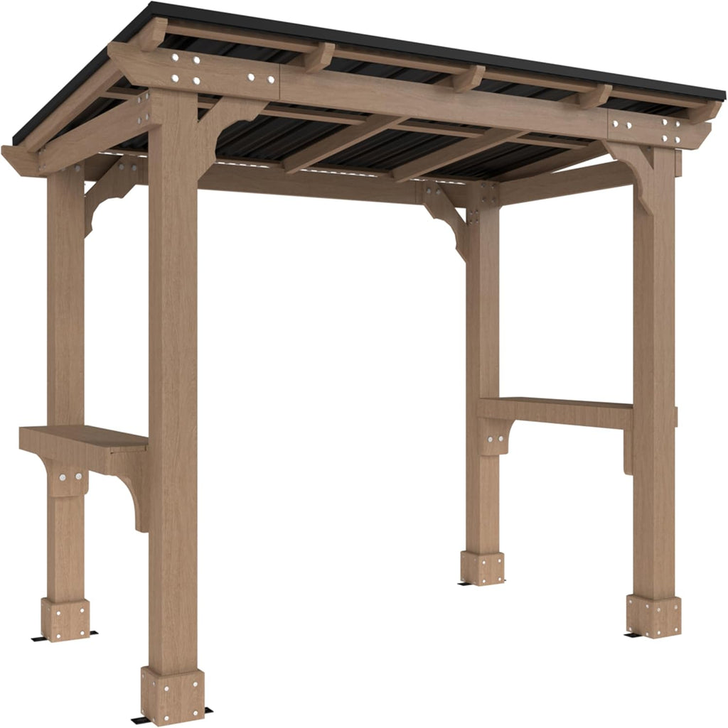 BlueWish 8' x5' Outdoor Grill Gazebo, Wood Grill Gazebo with Metal Sloping Roof, Heavy Duty Cedar Wood Frame, Wind-Resistant Patio Gazebo with Shelves for Barbecue, Backyard, Garden, Light Mocha Brown