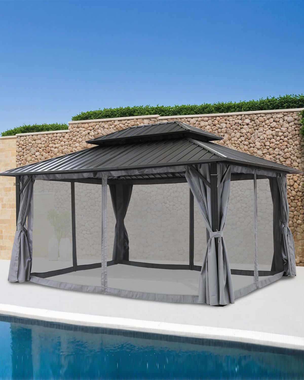 10' x 12' Hardtop Gazebo, Aluminum Frame Outdoor Patio Gazebo with Netting and Curtains, Outdoor Hardtop Gazebos, Patio Pergolas with Double Metal Roofs for Backyard, Patio, Deck, Slate Gray