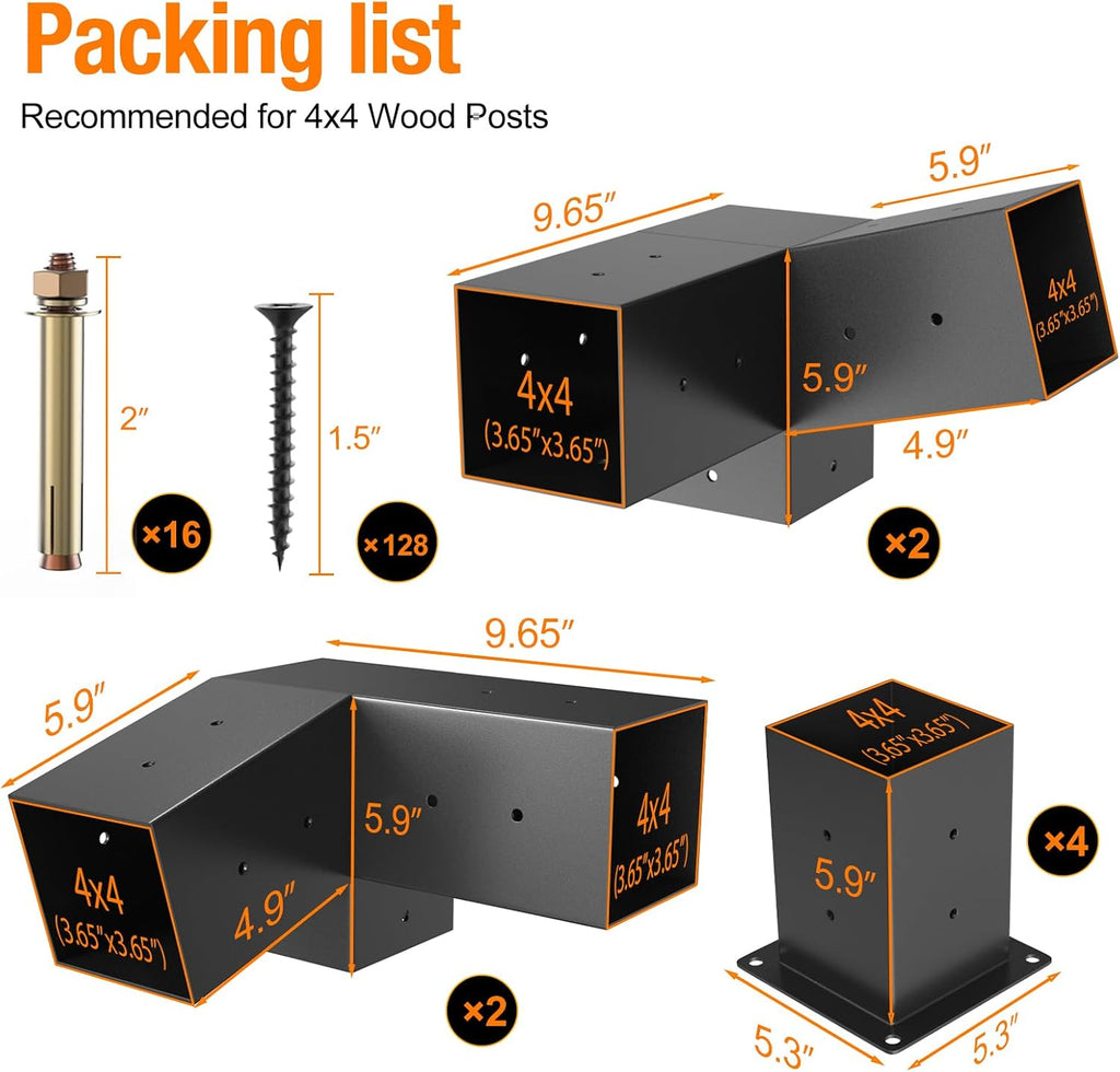 15° Slanted Roof Pergola Brackets, 3-Way Roof Wall Mount Extension Pergola Kit, 4''x4'' Wood Post Base Bracket, Corner Bracket for Gazebos, Patio Pergolas, Log Cabin (8PCS)