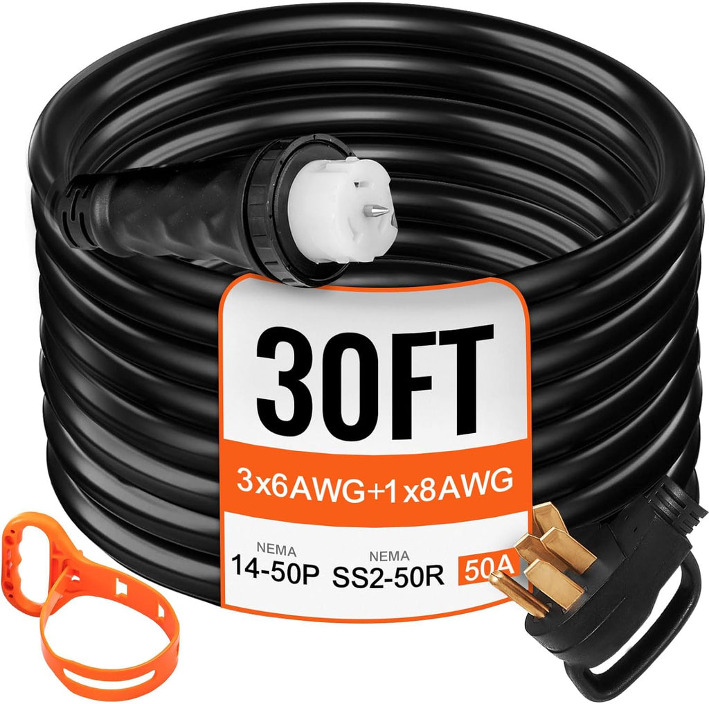 VEVOR 30 FT 50 Amp Generator Extension Cord NEMA 14-50P & SS2-50R & CS6364, STW 45446 + 45505 125V 250V Generator Power Cord Twist Lock Connectors