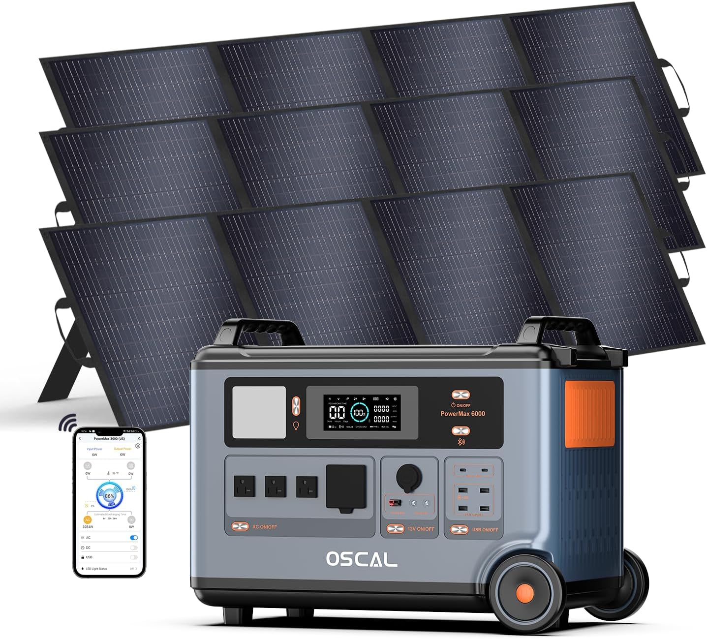 OSCAL PowerMax 6000 Solar Generator with 3x200W Solar Panel, 120V/240V 3600Wh Power Station 6000W AC Outlets (9000W Peak), 2200W AC Charging/2400W Solar Charging, Emergency for Home, Battery Backup