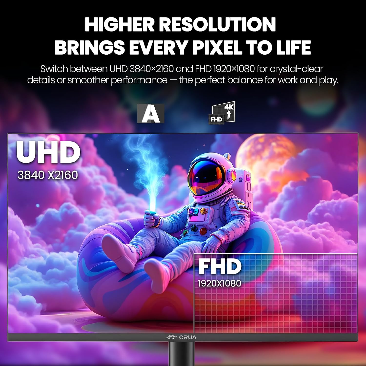 CRUA 32'' 4K Gaming Monitor 160Hz, UHD 3840x2160 IPS Screen, Height/Pivot/Swivel/Tilt Adjustable Vertical Monitor, Support FreeSync, Built-in Speakers, 120% sRGB, PIP/PBP, HDMI 2.0 & DP 1.4-Black