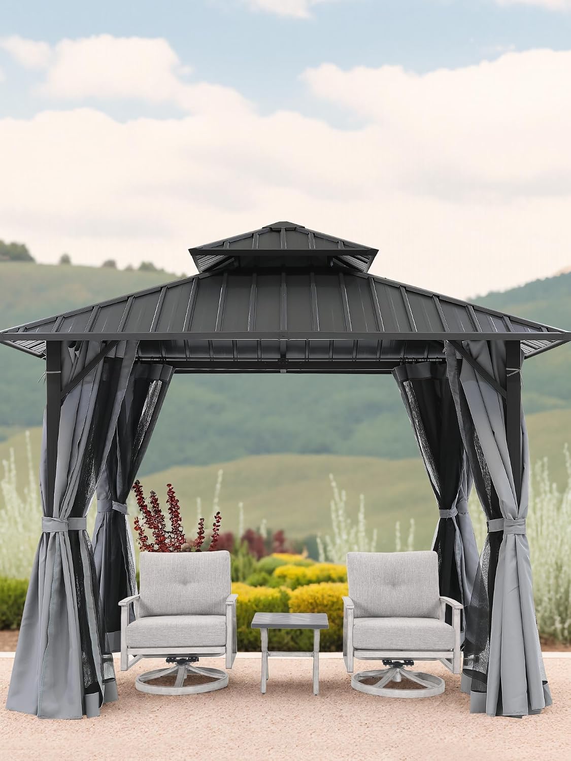 10' x 10' Hardtop Gazebo, Aluminum Frame Outdoor Patio Gazebos with Netting and Curtains, Outdoor Gazebo Canopy, Patio Pergola with Double Steel Roofs for Backyard, Patio, Deck, Slate Gray