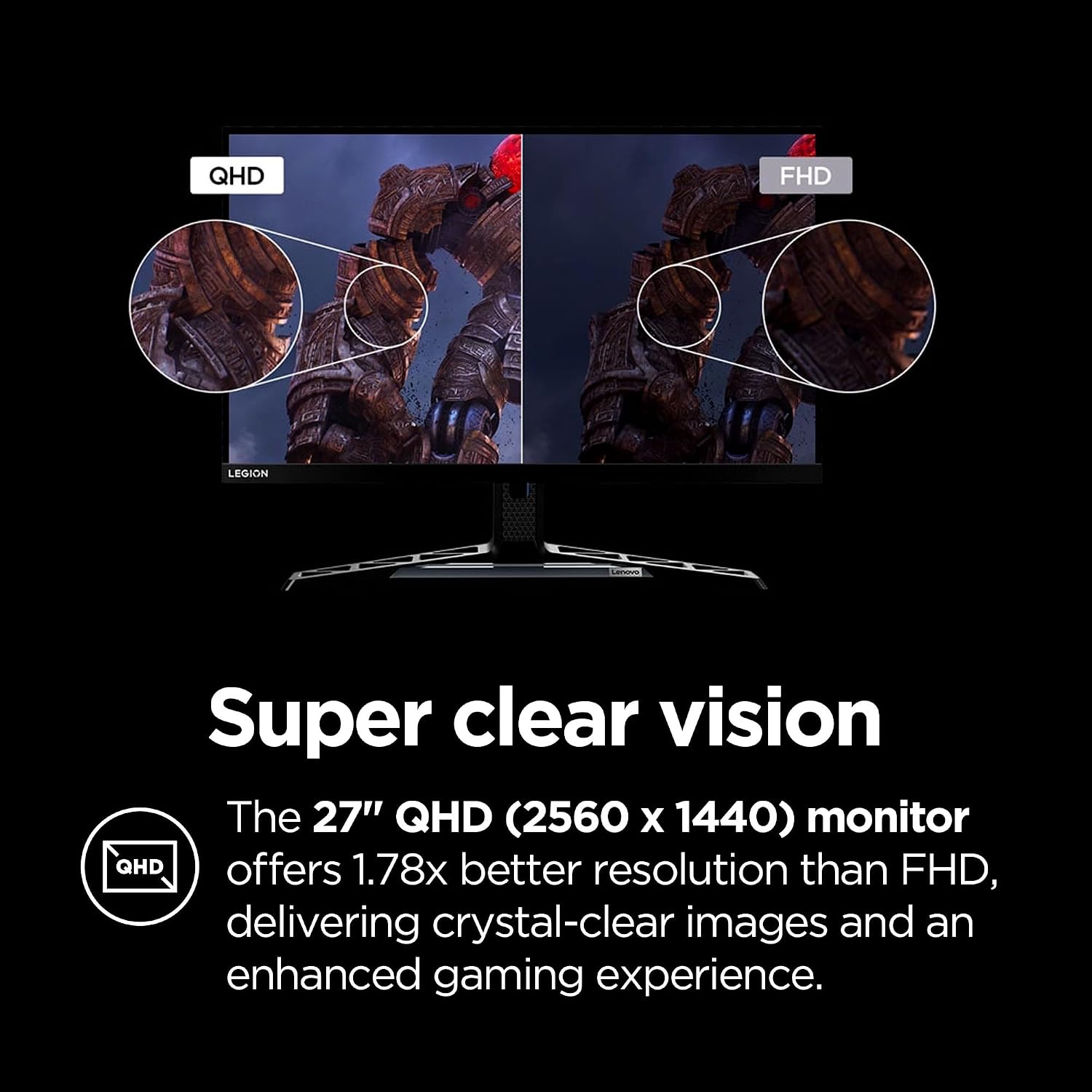 Lenovo Legion Y27qf-30 Gaming Monitor, 27' QHD Display, 250Hz, 0.5ms Response, AMD FreeSync Premium, 400 Nits, Lift/Tilt/Pivot/Swivel Stand, HDMI 2.1 and DisplayPort 1.4, 400 nits, Raven Black