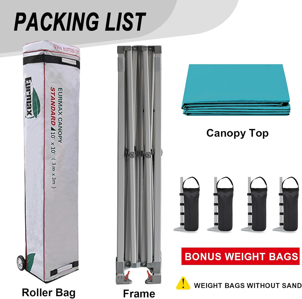 Eurmax USA 10x10ft Pop Up Canopy,Commercial Instant Tent for Outdoor Events,Patented No-Tip Rolling Storage Bag with 4 Sandbags,UV & Water Resistant,Heavy Duty Portable Shelter Gazebo,Turquoise