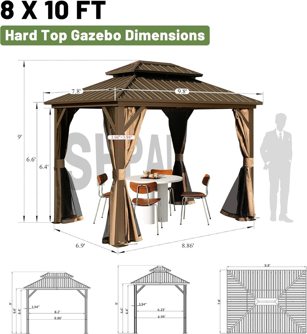 Hardtop Gazebo 8x10 FT, Metal Outdoor Gazebos with Galvanized Steel Double Roof, Curtains and Nettings, Permanent Gazebo Pavilion for Patio Wedding, Party, Outdoor Dining -Brown