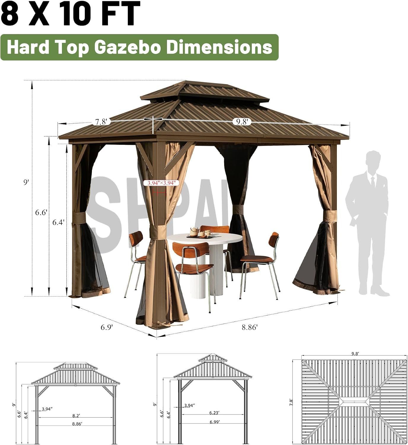 Hardtop Gazebo 8x10 FT, Metal Outdoor Gazebos with Galvanized Steel Double Roof, Curtains and Nettings, Permanent Gazebo Pavilion for Patio Wedding, Party, Outdoor Dining -Brown
