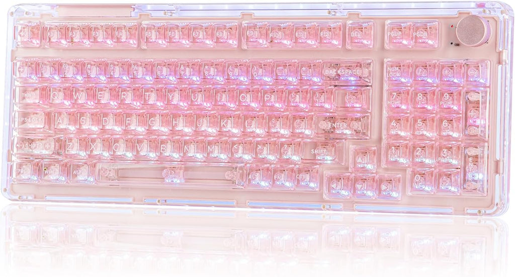 KiiBoom Phantom 98 Crystal Mechanical Gaming Keyboard, Transparent Keyboard with RGB Backlits, Hot-Swappable, Shine Through Clear Keycaps, 3 Modes Wireless, 8000mAh Battery, NKRO for Win/Mac (Pink)