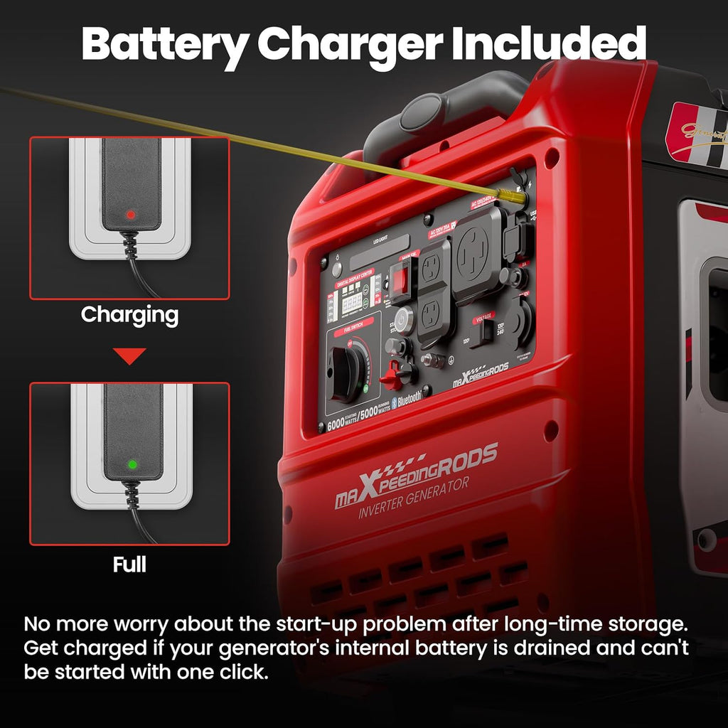 maXpeedingrods 6000 Watt Portable Inverter Generator with Bluetooth® App Remote Control, with Electric Start, Dual Voltage Output with Wheels and Telescopic Handle for Garden, RV Trips, Home Backup