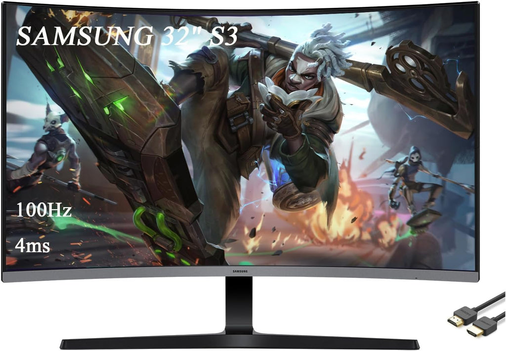 Samsung 32' Essential S3 Series FHD Curved Monitor, 1800R, Game Mode, 100Hz Refresh Rate, Game Mode, Eye Saver Mode, Black, with HDMI Cable