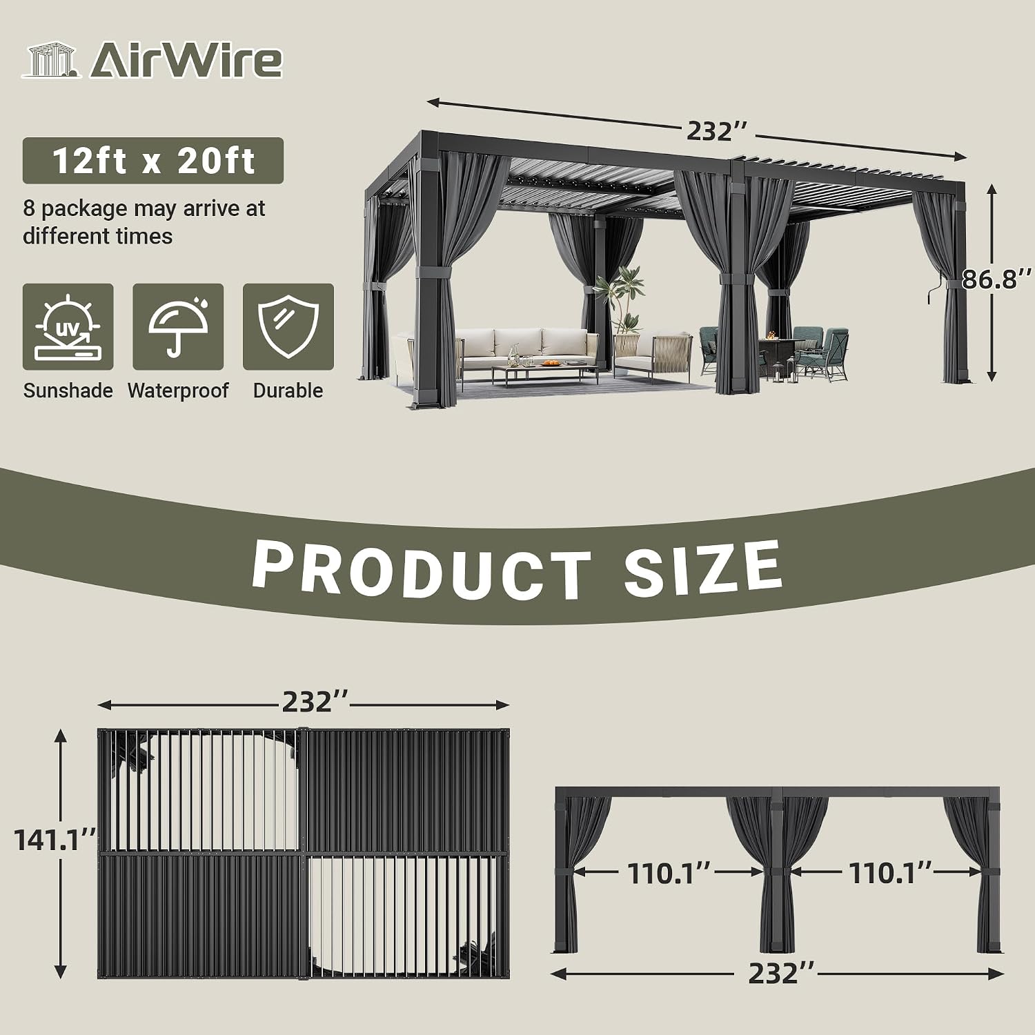Airwire 12'x20' Louvered Pergola, Outdoor Pergola with 2 Independent Adjustable Roof and Drainage System, Aluminum Pavilion with Curtains & Netting, Hardtop Gazebo for Patio, Deck, Garden, Gray