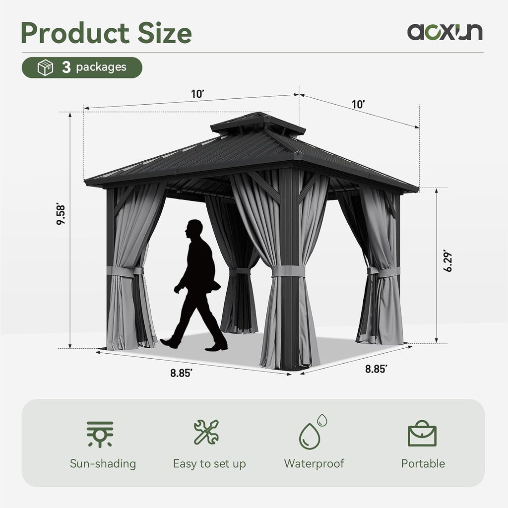 Aoxun 10'x10' Hardtop Gazebo, Permanent Metal Pavilion with Galvanized Steel Double Roof, Outdoor Pregola for Lawn, Garden, Patio (Black)