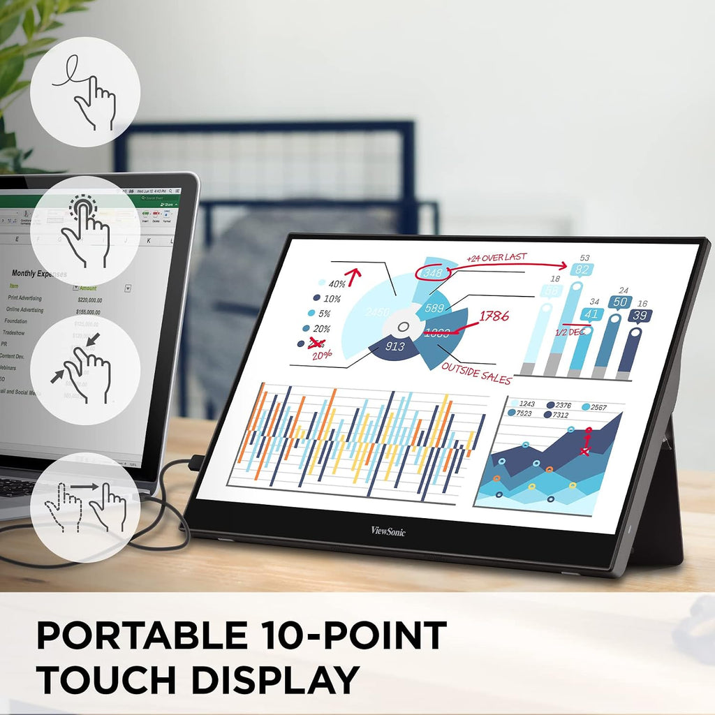 ViewSonic TD1655 15.6 Inch 1080p Touchscreen Portable Monitor, IPS Display for Interactive Workflows and Second Screen Productivity, Built-in Stand, 60W USB-C, mini HDMI, and Smart Cover