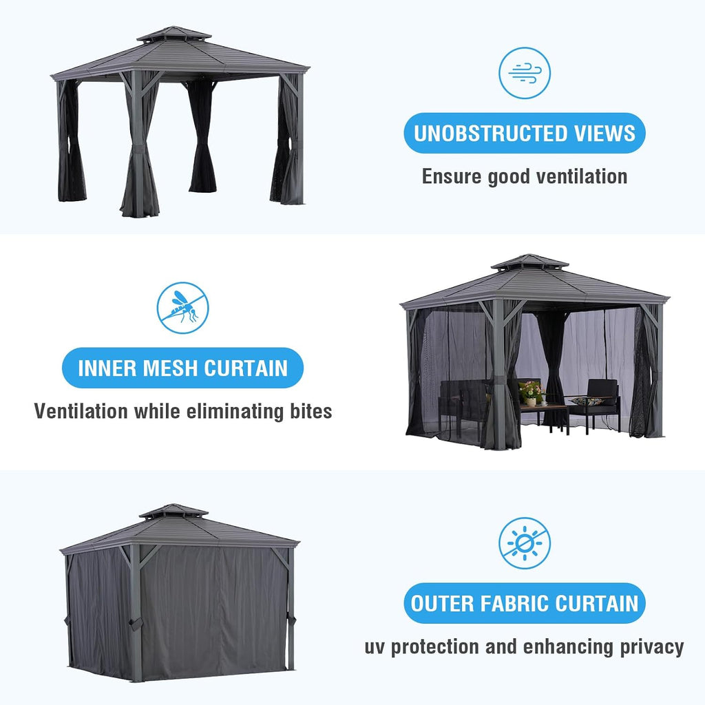 LeDoasis Nova 10' X 10' Permanent Hardtop Gazebo with Breathable Netting & Privacy Curtain, Heavy Duty Galvanized Steel Double Roof, Garden, Lawn, Deck, Backyard