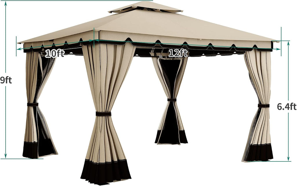 YITAHOME 10x12ft Gazebo for Patios Outdoor Double Roof Canopy Gazebo with Netting & Curtains, Soft Fabric Top Garden Winds Tent with Steel Frame for Lawn, Garden, Backyard and Deck (Khaki)