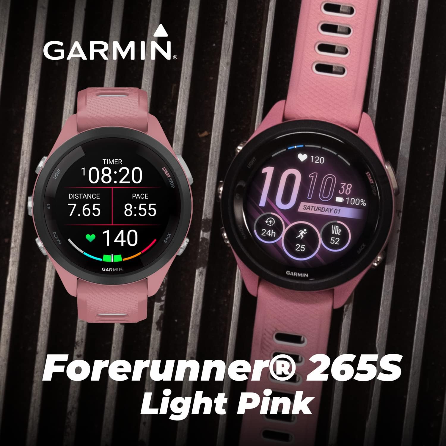 Garmin Forerunner 265S Music GPS Running 42 mm Smartwatch, Pink with AMOLED 1.1in Touchscreen Display White Earbuds Bundle, Pink +Wht EarBuds