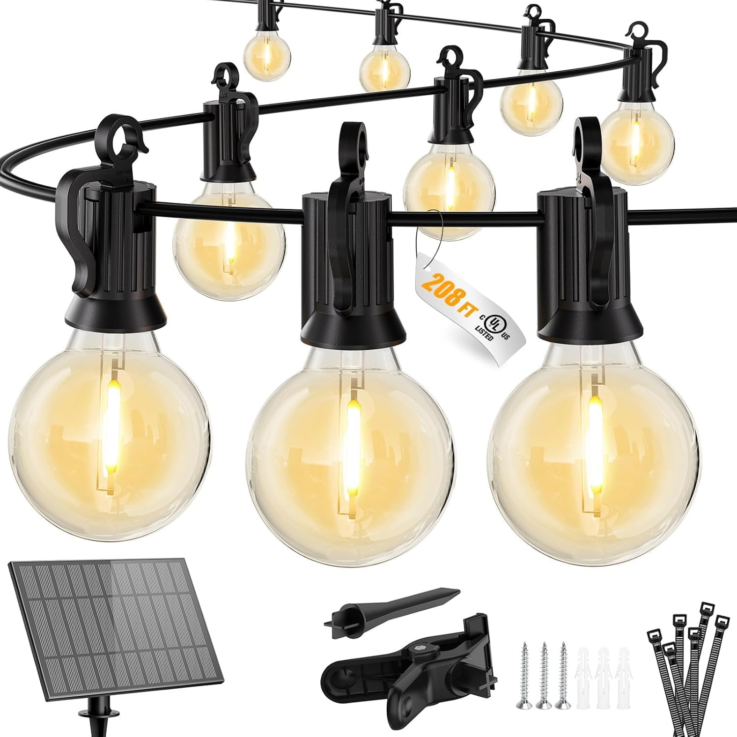 Brightown 208FT 102LED Solar String Lights Outdoor with USB Port, Shatterproof Bulbs, Dimmable & Timable, 3 Modes, Patio Lights Solar Powered for Camping Backyard Garden Decor - Last for 20+Hrs