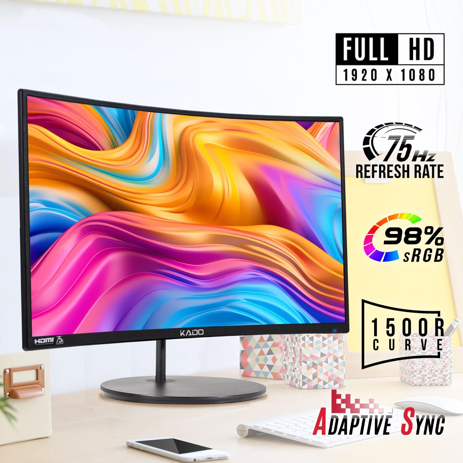 Kado Dual Monitor Setup - 2-Pack 24' Curved 1920x1080 Computer Monitor 1500R 75Hz VESA Mount HDMI Office Gaming Hybrid Built-in Speakers (C24X Dual Series)
