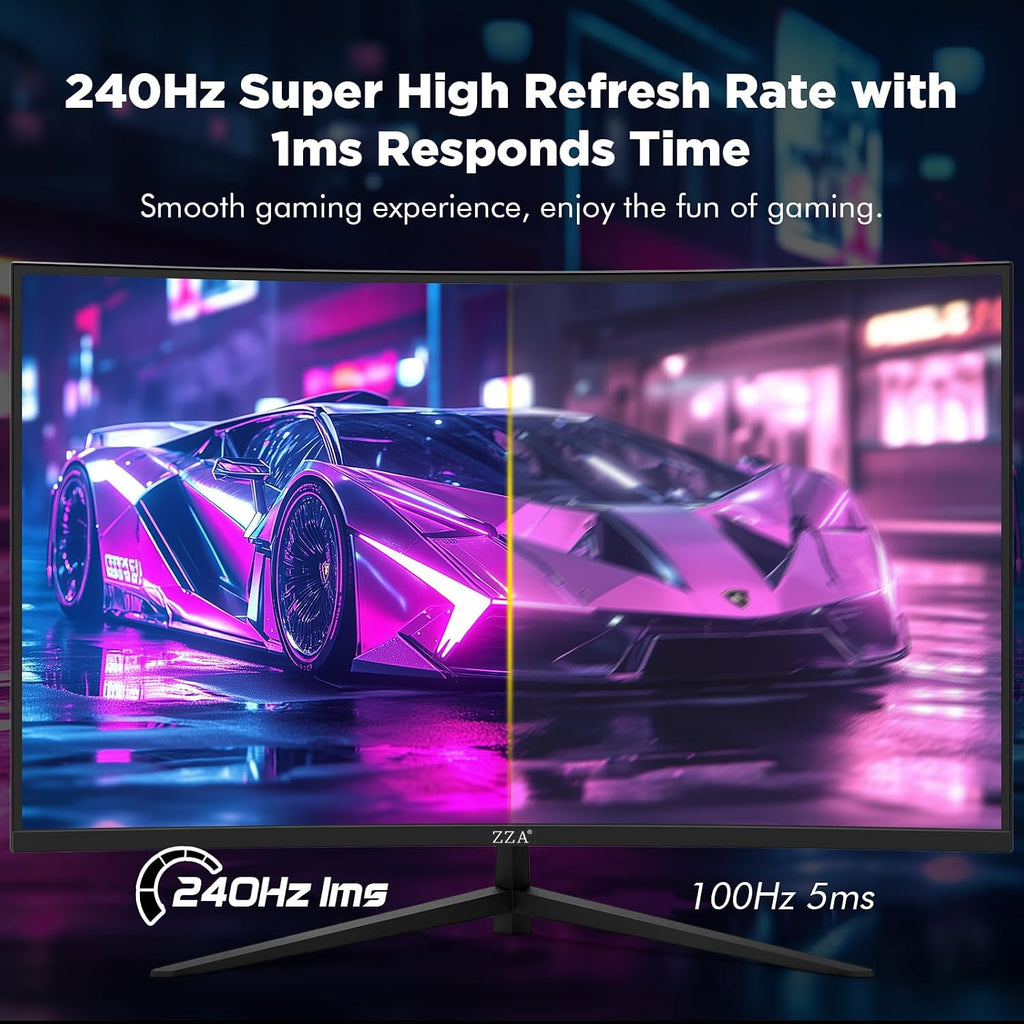 ZZA 32 Inch Curved Gaming Monitor, 240Hz High Refresh Rate, FHD 1920x1080P, Curved 1500R, HDMI 2.0/DP1.4, 1ms MPRT, HDR, FreeSync, VESA Compatible, Tilt Adjustable