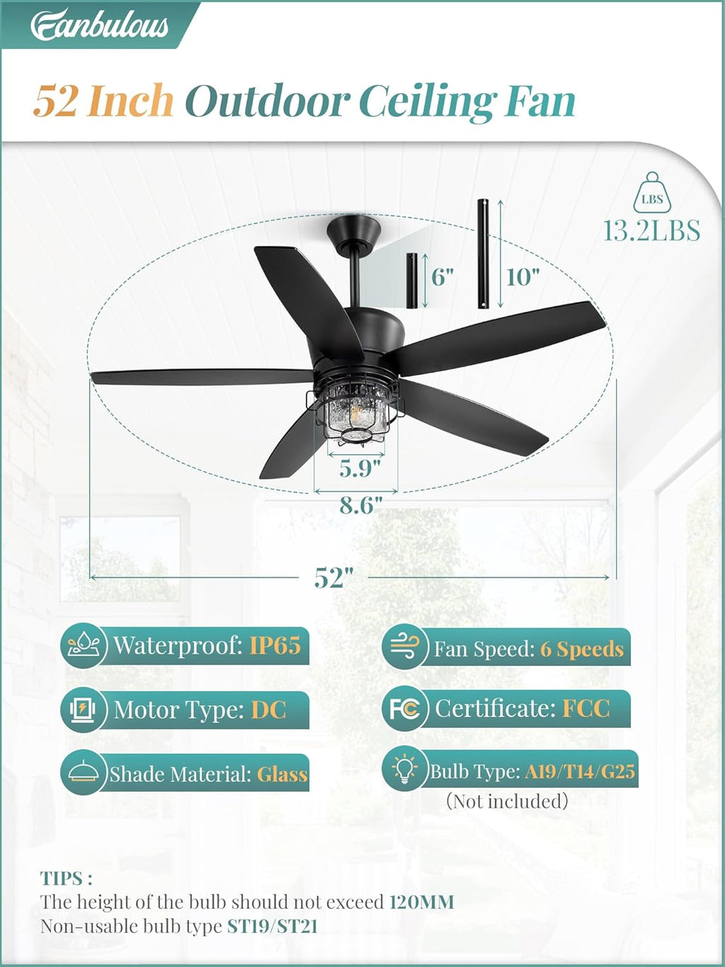 Fanbulous 52' Outdoor Ceiling Fans with Lights and Remote Control,IP65 Wet Rated Waterproof Ceiling Fan with 6-Speed DC Motor, Farmhouse Gazebo Fan for Porch Patios Pavilion（Black）