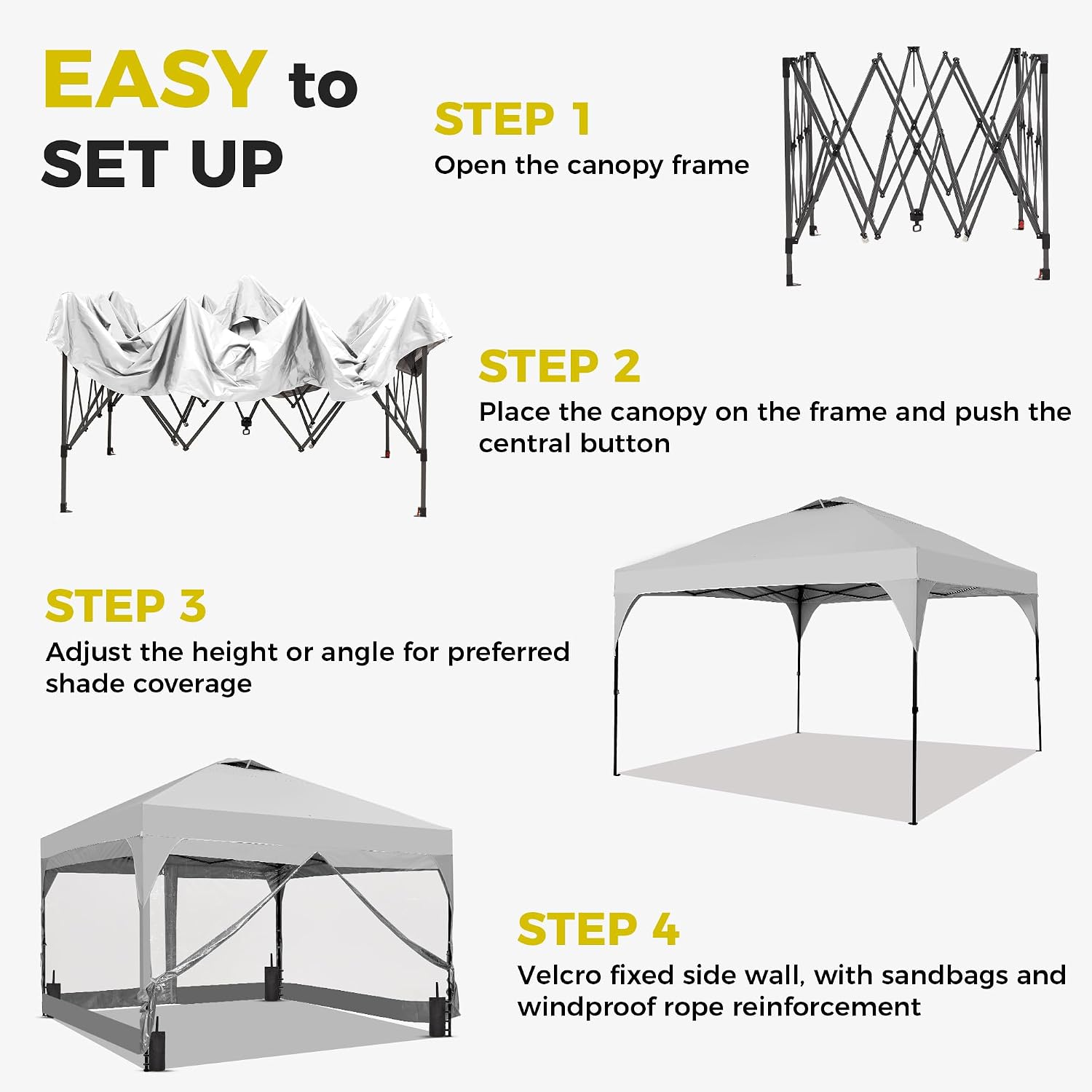 10x10 Pop Up Canopy Tent with One Push Setup, Outdoor Sun Shade Canopy for Backyard Party, Easy Up Instant Shelter with 4 PVC Transparent Sidewalls, 4-Sandbags & Hand Bag, White.