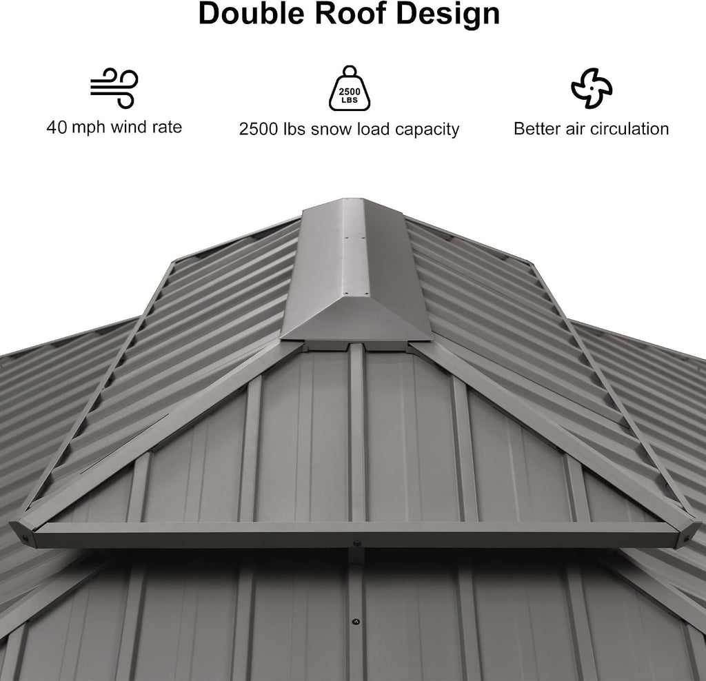 PURPLE LEAF 12' x 16' Hardtop Aluminum Gazebo with Double Metal Roof Heavy Duty Permanent Gazebo for Patio Deck Lawn Garden All Weather Outdoor Pavilion Gazebos, Light Grey