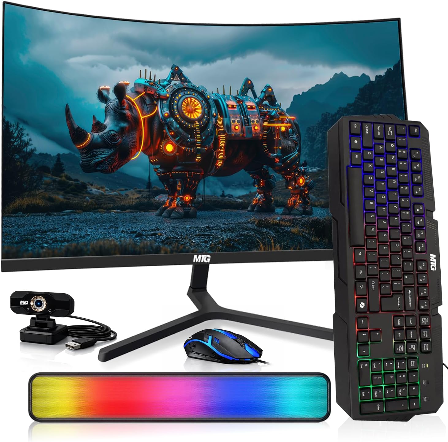MTG 32' Curved Monitor Full HD 1080P Frameless Screen, HDMI DP USB Audio, Low Motion Blur, VESA Mount, Webcam with RGB Keyboard Mouse & Soundbar Combo, Computer Monitor for Gaming, Home, Office