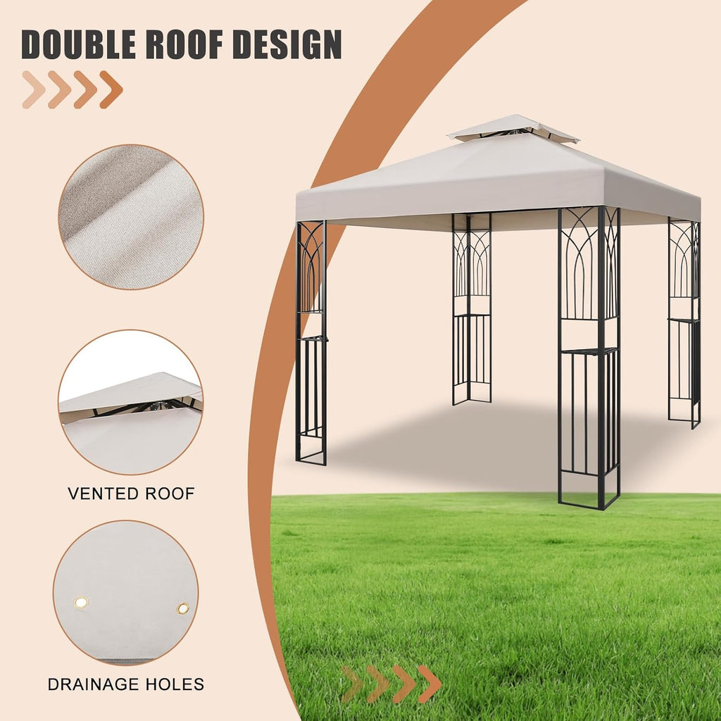 8x8 Outdoor Gazebo for Backyard, Patio Gazebo Tent with Corner Shelves, Beige