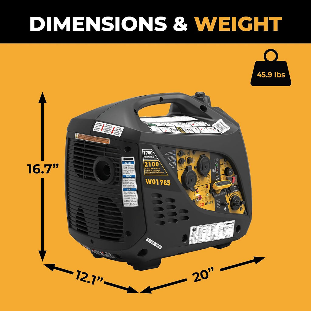 FIRMAN W01785 Inverter Portable Generator, 2100W Starting 1700W Running Power, Recoil Start with CO Alert Safety Shutoff, Quiet 59 dB Operation, Lightweight for Camping, Travel, Home, and Outdoor Use