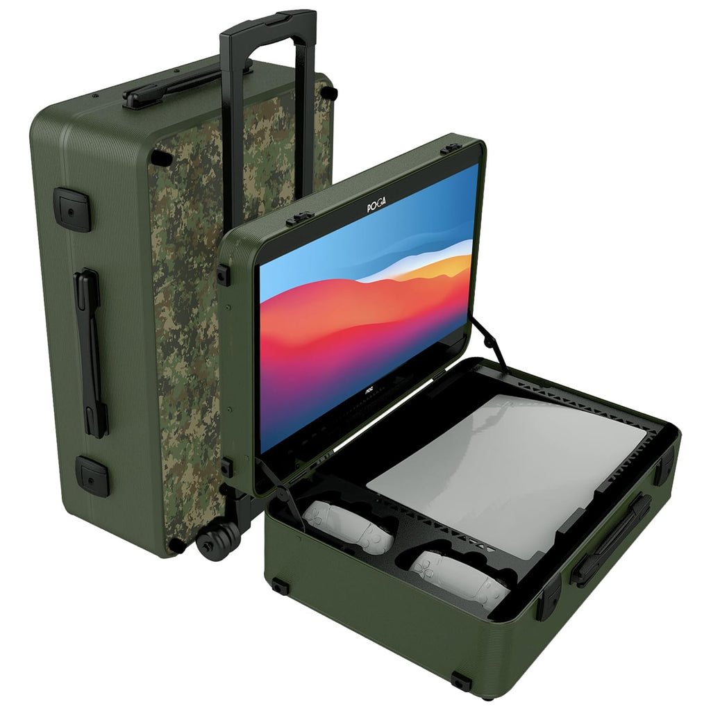 POGA LUX Compatible with PlayStation 5 Premium Portable Console Travel Case incl. Trolley and 24'' AOC Gaming Monitor - (V3 - Bluetooth Speaker Optional) Camouflage