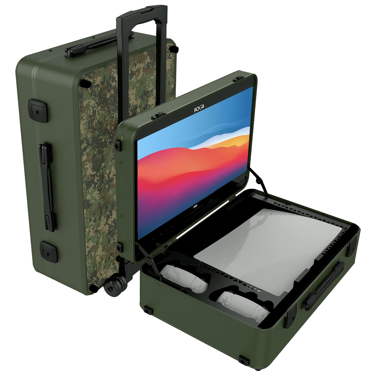 POGA LUX Compatible with PlayStation 5 Premium Portable Console Travel Case incl. Trolley and 24'' AOC Gaming Monitor - (V3 - Bluetooth Speaker Optional) Camouflage