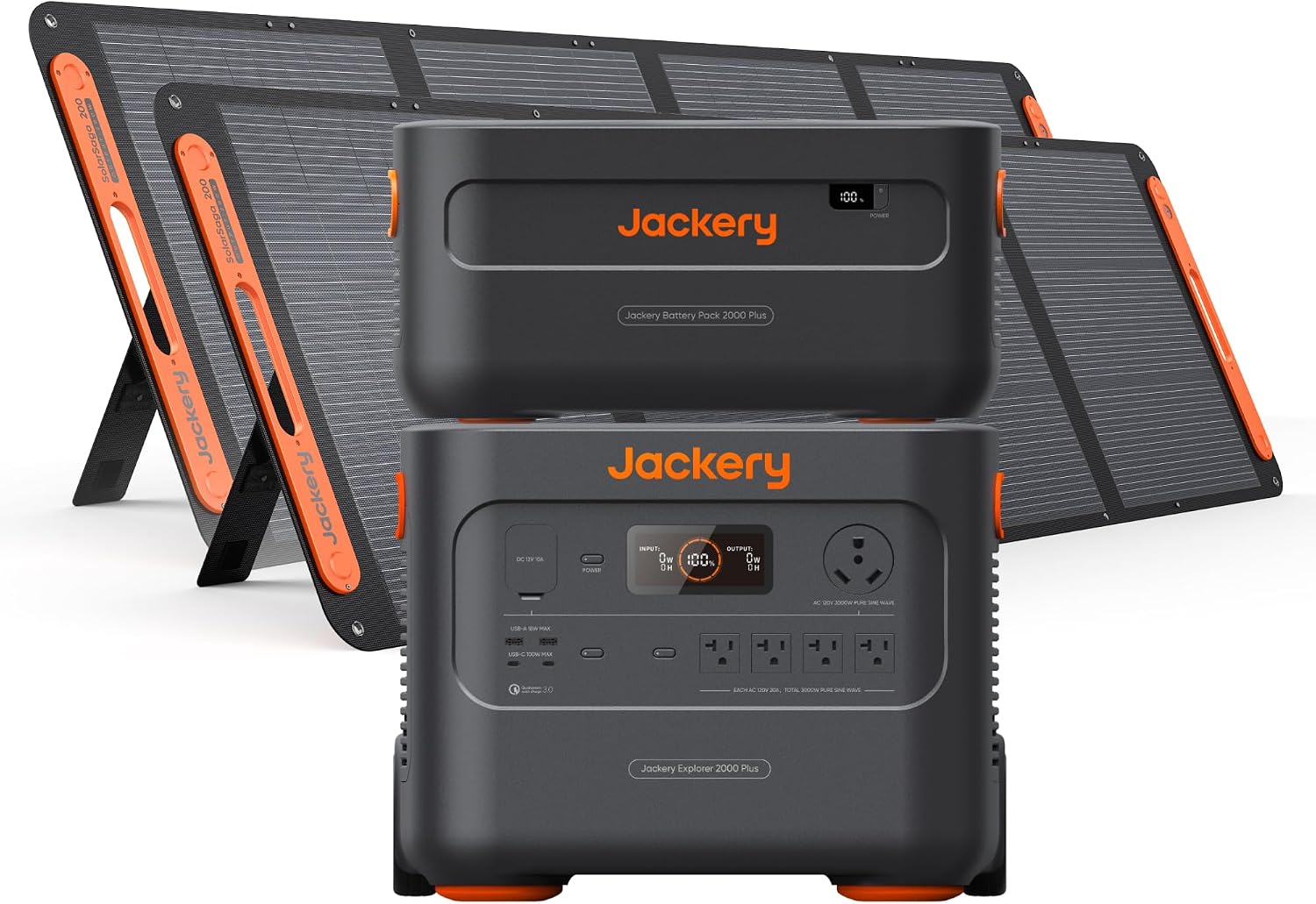 Jackery Explorer 2000 Plus Portable Power Station & 1x Extra Battery, 2x 200W Solar Panel, 4085Wh LiFePO4, 10-Year Lifespan, 3000W Output, Expandable to 24kWh, UPS Home Backup for Camping RV Emergency