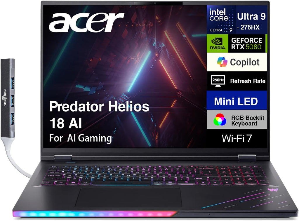 acer Predator Helios 18 AI Gaming Laptop 18' 250Hz 1000 nits Mini-LED WQXGA (Intel Ultra 9-275HX, GeForce RTX 5080 16GB, 128GB DDR5, 2TB SSD, 2 Thunderbolt 5, Win 11 Home) w/DKZ USB Port Expander