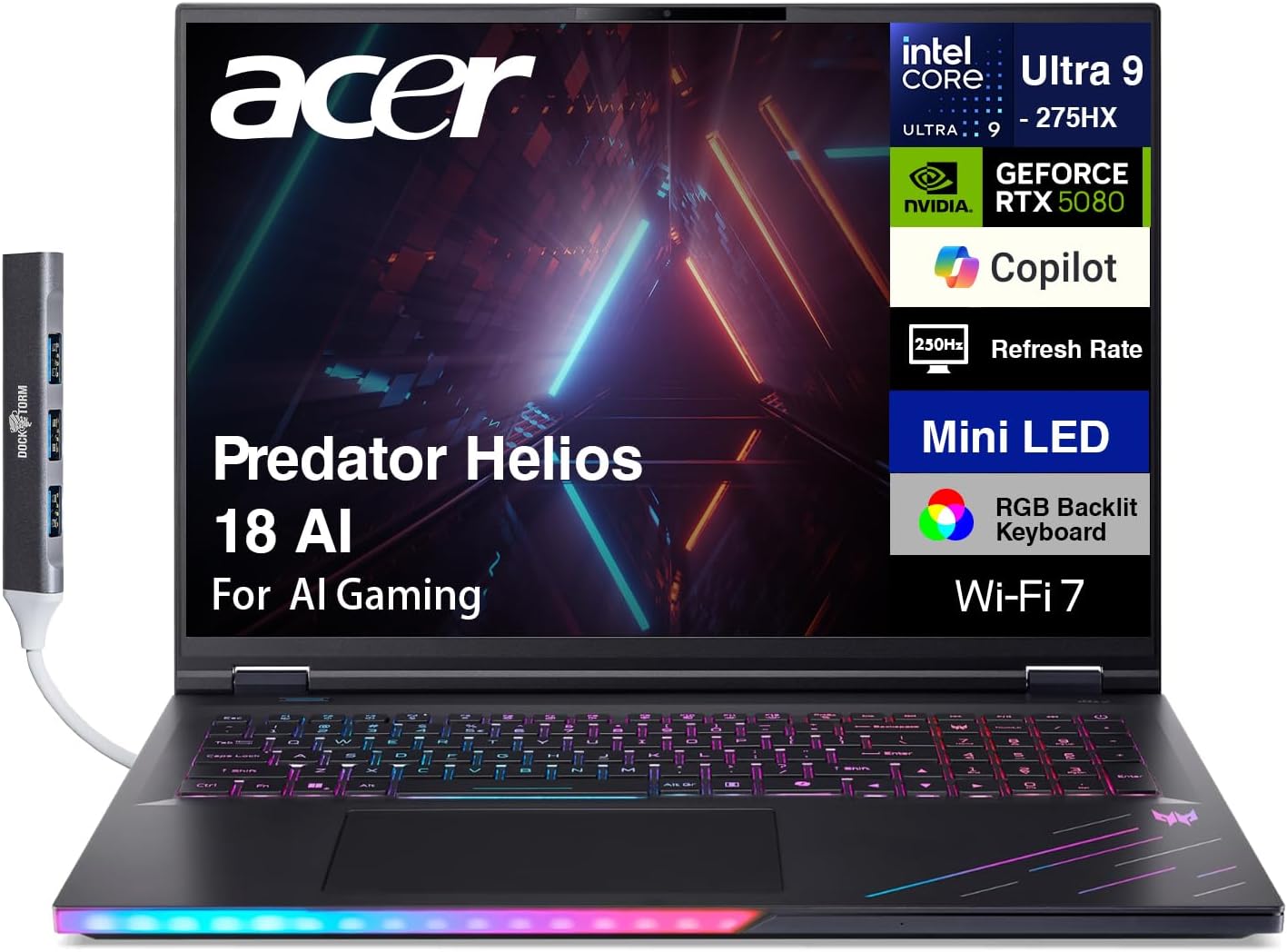 acer Predator Helios 18 AI Gaming Laptop 18' 250Hz 1000 nits Mini-LED WQXGA (Intel Ultra 9-275HX, GeForce RTX 5080 16GB, 128GB DDR5, 2TB SSD, 2 Thunderbolt 5, Win 11 Home) w/DKZ USB Port Expander