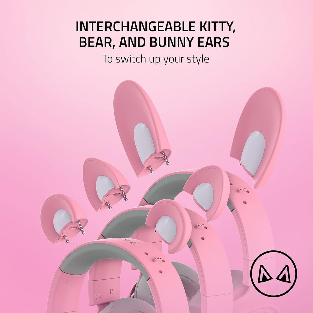 Razer Kraken Kitty V2 Pro Wired RGB Headset: Interchangeable Ears (Kitty, Bear, Bunny) - Stream Reactive Lighting - Detachable HyperClear Cardioid Mic - 50mm Drivers - 7.1 Surround Sound - Quartz Pink