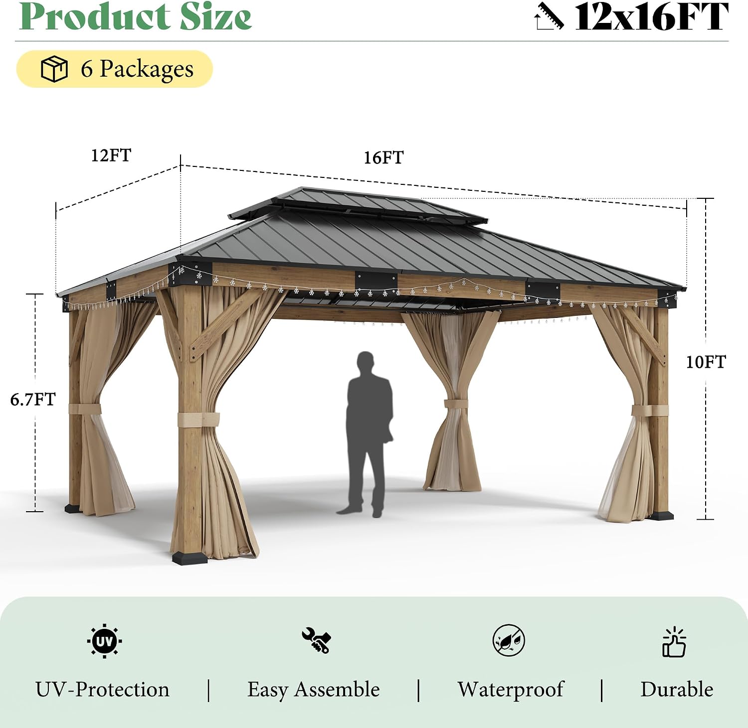 AMERLIFE 12' x 16' Heavy Duty Hardtop Gazebo with Double Metal Roof, Wood Gazebo with Privacy Curtains & Mosquito Netting, Outdoor Pavilion for Backyard, Garden & Patio, Brown