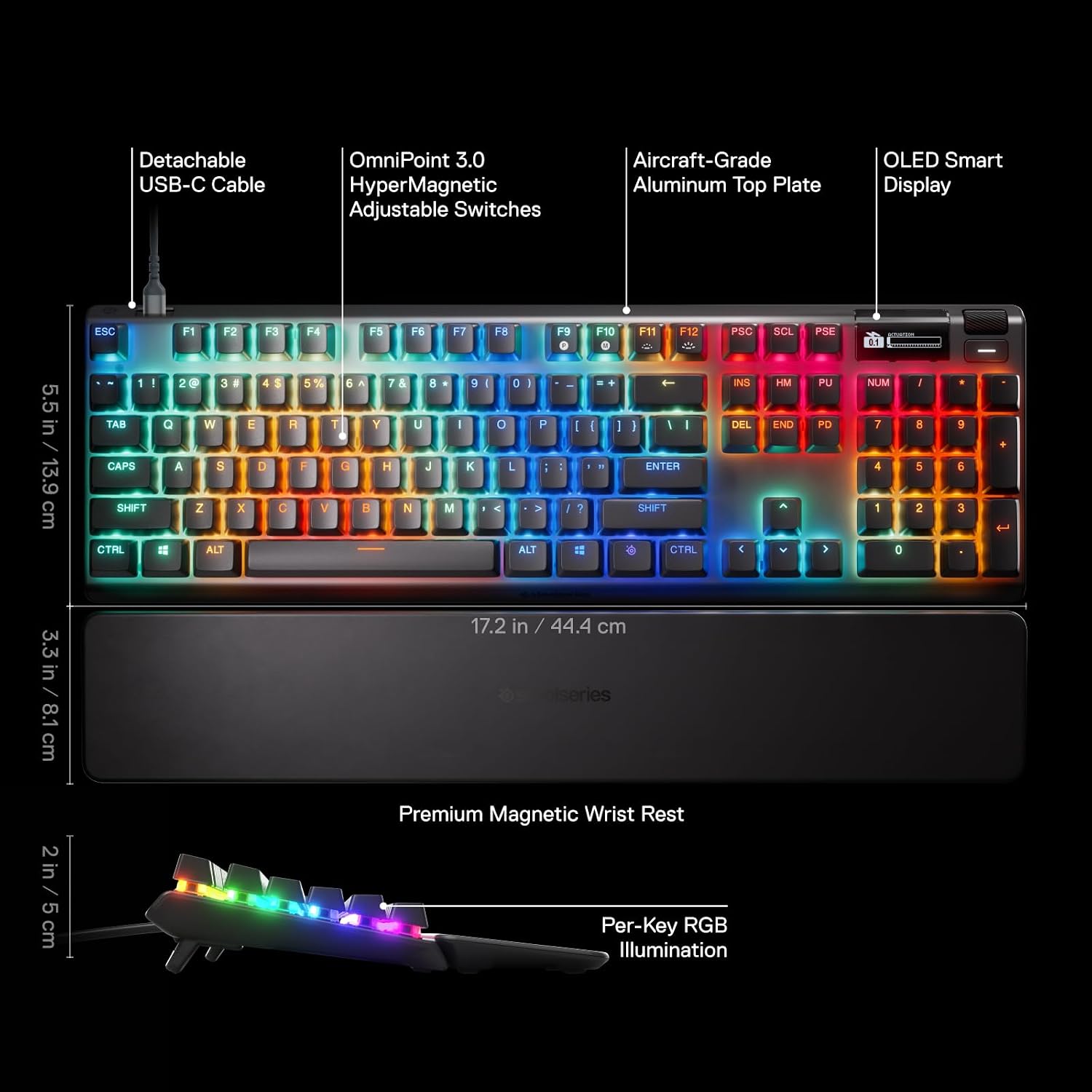 SteelSeries Apex Pro Gen 3 OmniPoint 3.0 HyperMagnetic Switches Adjustable Actuation Rapid Trigger Game-Ready Presets Protection Mode Rapid Tap/SOCD OLED RGB PBT Keycaps USB-C (Renewed)