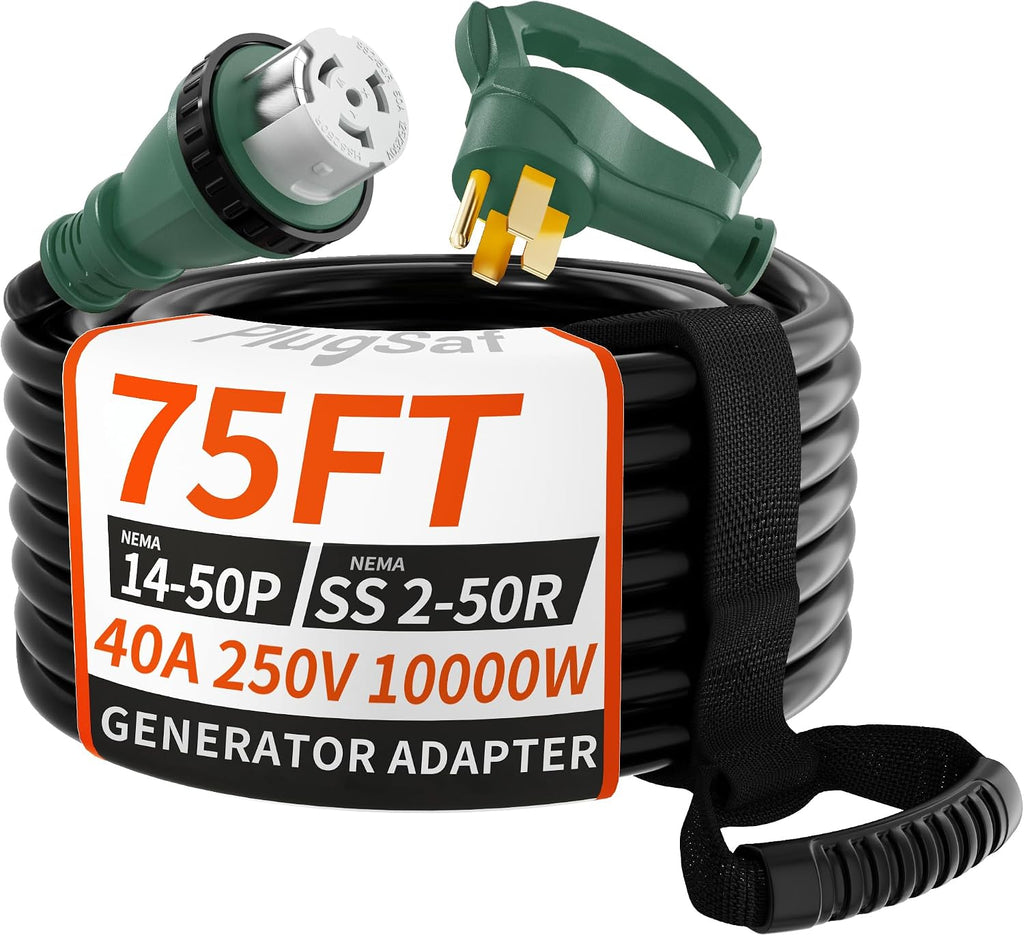 PlugSaf 40 Amp Generator Cord, 75FT 40 Amp RV Extension Cord with Twist Lock, Generator Cable 40A 4 Prong, NEMA 14-50P to SS2-50R Heavy Duty STW Wire for RV Camper & House