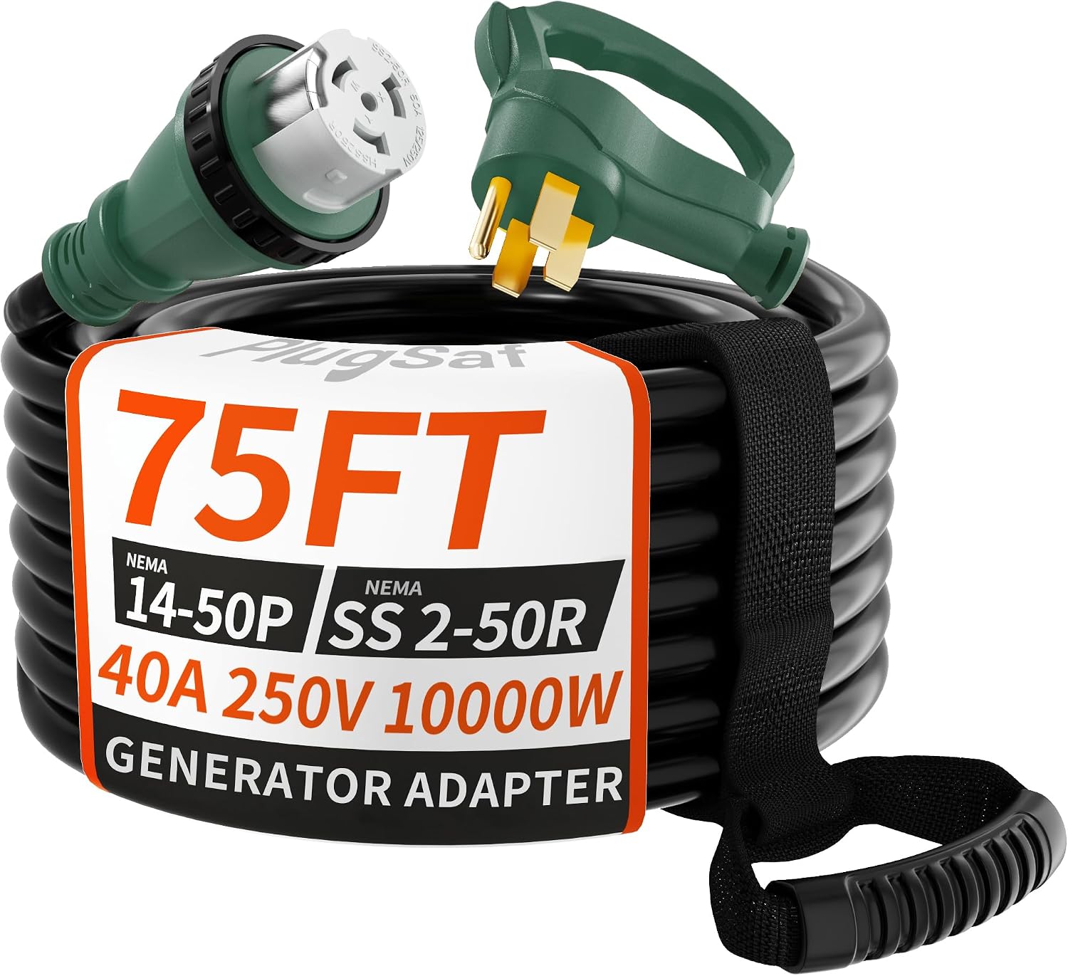 PlugSaf 40 Amp Generator Cord, 75FT 40 Amp RV Extension Cord with Twist Lock, Generator Cable 40A 4 Prong, NEMA 14-50P to SS2-50R Heavy Duty STW Wire for RV Camper & House