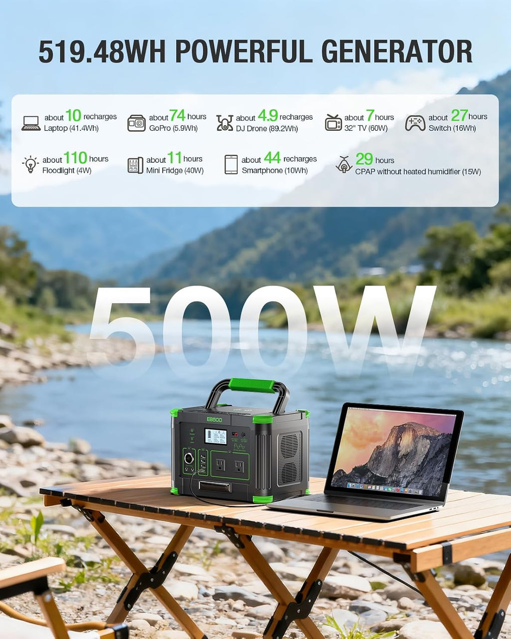 500W Portable Power Station 519.48Wh, Solar Generator with 60W USB-C PD Output, Built-in BMS 110V Pure Sine Wave AC Outlet Backup Lithium Battery for Outdoors Camping Travel Emergency (Peak 1000W)