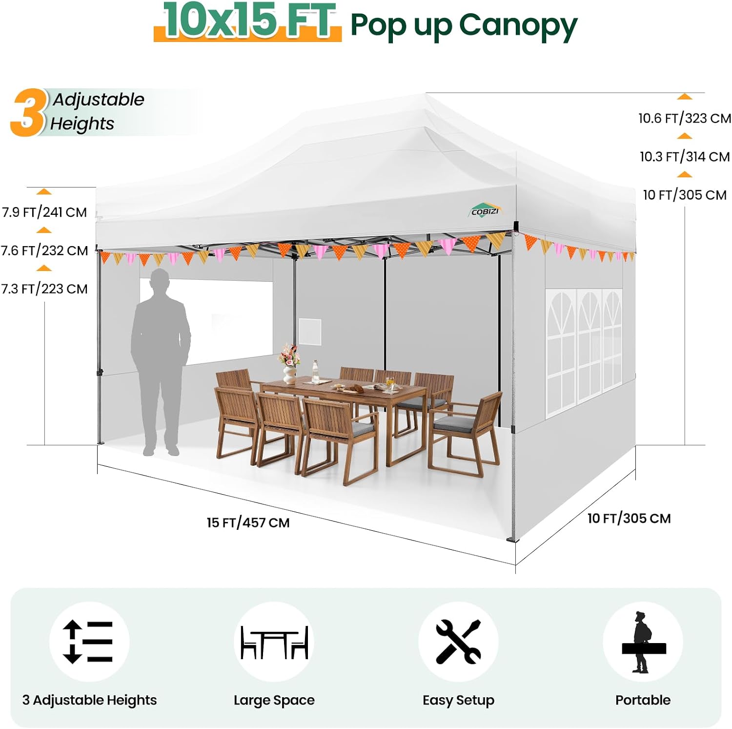COBIZI 10x15 Pop up Canopy Gazebo 3.0, Easy up Heavy Duty Canopy with 4 Removable Sidewalls, High Stability, All Weather Sunshade 100% Waterproof Outdoor Canopy Tents, White