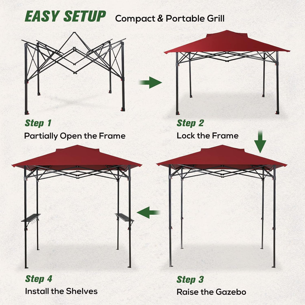 COOS BAY 8x5 Pop Up Outdoor Grill Gazebo, Portable BBQ Grill with Carry Bag, Outdoor Barbecue Shelter with Side Shelves, Red