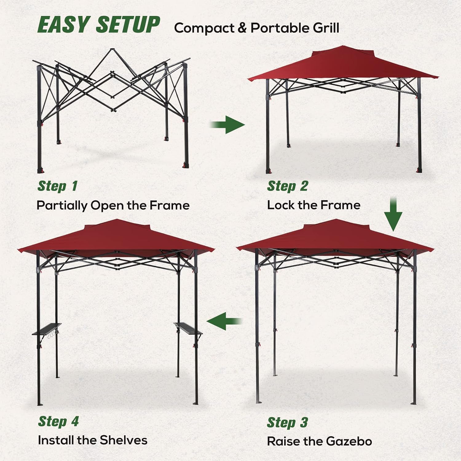 COOS BAY 8x5 Pop Up Outdoor Grill Gazebo, Portable BBQ Grill with Carry Bag, Outdoor Barbecue Shelter with Side Shelves, Red