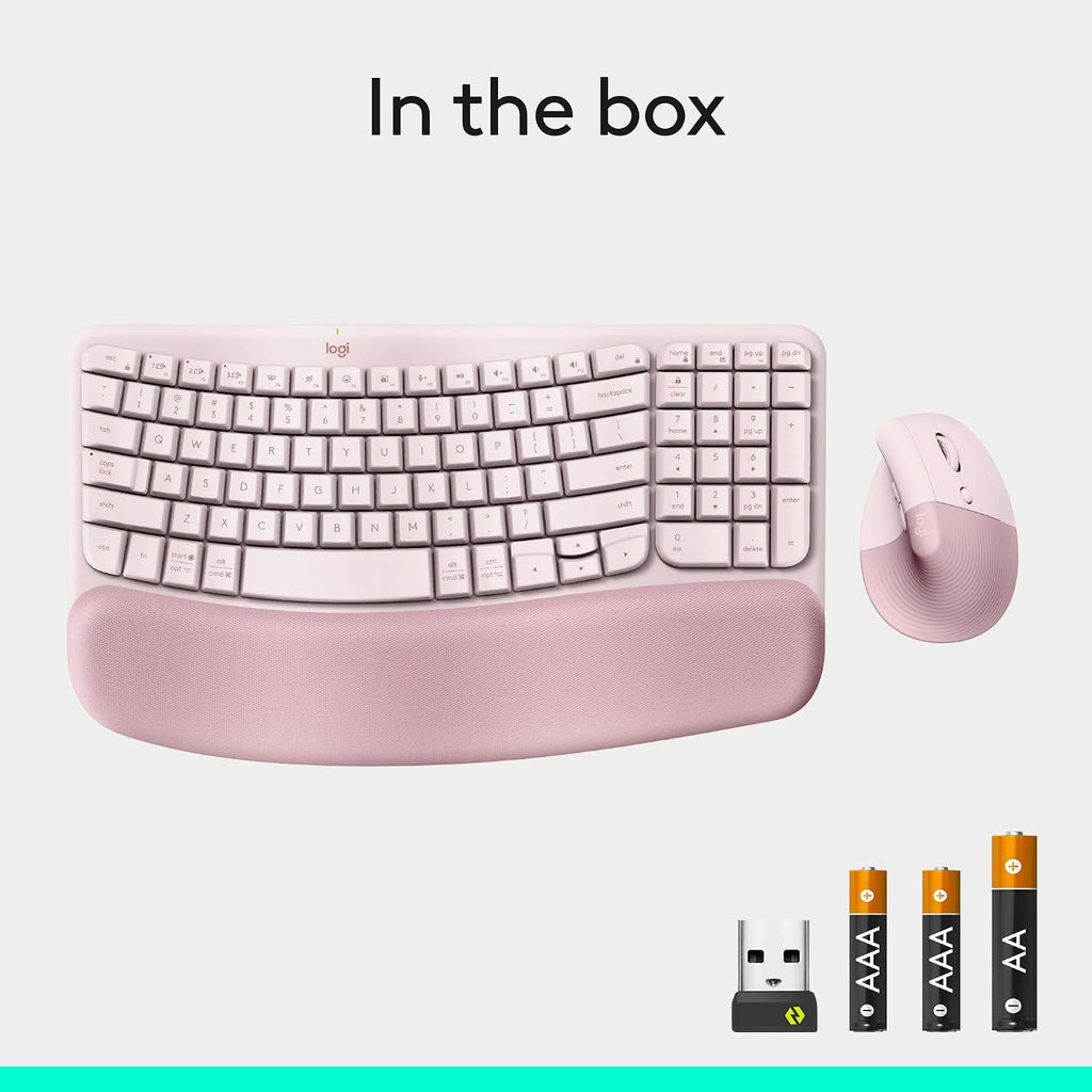 Logitech Wave Keys & Lift Vertical Mouse - Ergonomic Wireless Keyboard and Mouse Combo - with Cushioned Palm Rest, Easy-Switch, Bluetooth, for Multi-OS, Windows/Mac - Rose